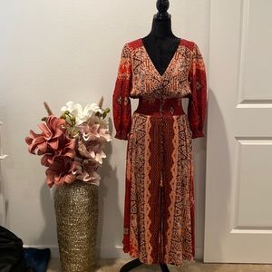 Free People Midi 3/4 Sleeve Red Coral Batik Print Button Down Dress Large